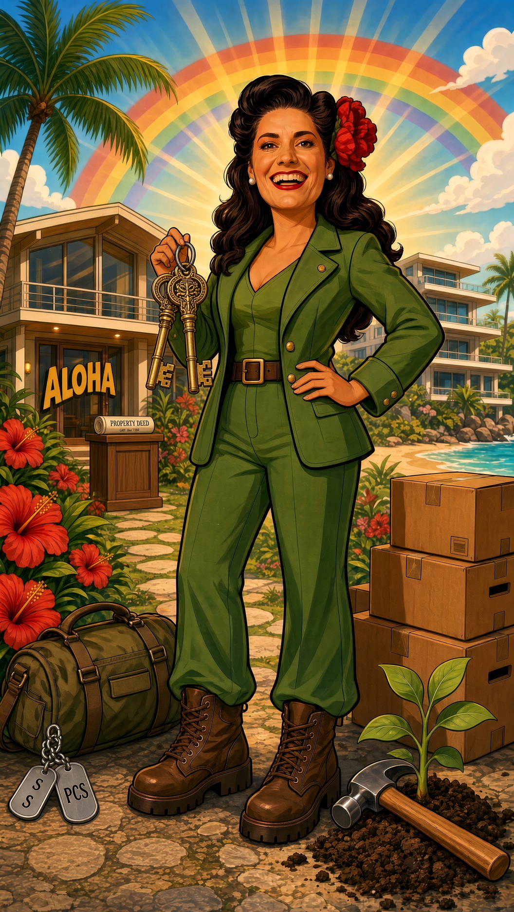 Vintage-style Hawaii relocation illustration of a smiling realtor in a green suit holding two keys, surrounded by island homes, moving boxes, hibiscus, military tags, and a rainbow.